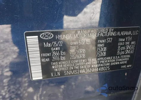 2022 Hyundai Santa Fe Sel z USA, uszkodzony, nr VIN 5NMS24AJ6NH448025